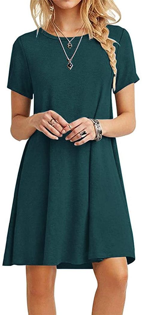 Women's Casual Plain Simple T-Shirt Loose Dress at Women’s Clothing store Get this work outfits for summers. Loose Mini Dress, Tunic Dresses, Red Summer Dresses, Boho Beach Dress, Causal Dresses, Short Summer Dresses, Mini Robes, Solid Color Dress, Crewneck Dress