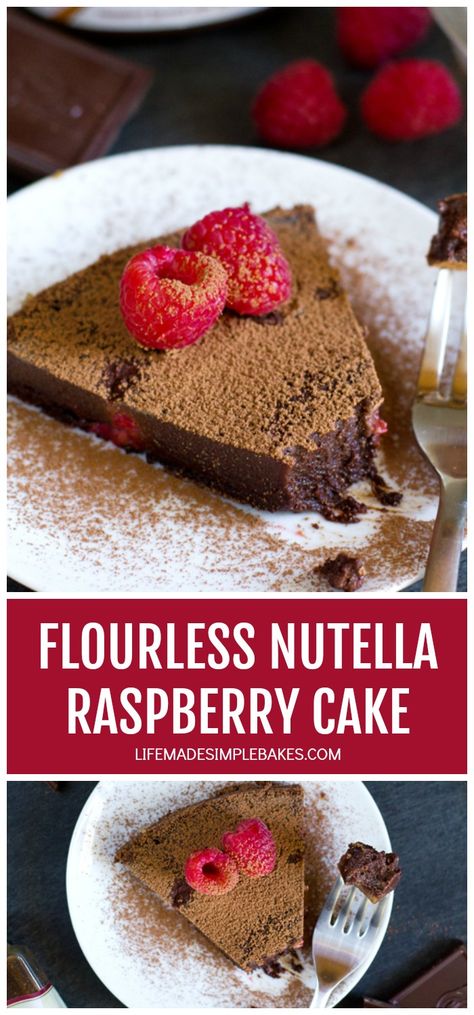 This decadent flourless Nutella Raspberry cake studded with fresh raspberries is sure to satisfy even the strongest chocolate cravings!! #flourlesscake #flourless #cake #chocolate #nutella #raspberry #dessert Raspberry Cake Recipe, Nutella Raspberry, Raspberry Dessert, Life Made Simple, Flourless Cake, Dark Chocolate Cakes, Fresh Raspberries, Raspberry Cake, Chocolate Nutella