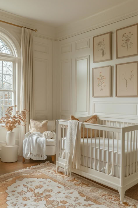 40 Cozy Boho Nursery Decor Ideas for Your Little One's Haven Neutral Colored Nursery Ideas, Nursery Ideas Elegant, Nursery High Ceiling, Modern European Nursery, Home Decor Ideas Nursery, Ralph Lauren Nursery Baby Girl, Vintage Chic Nursery, Peaceful Nursery Ideas, Nursery Ideas Girl Neutral