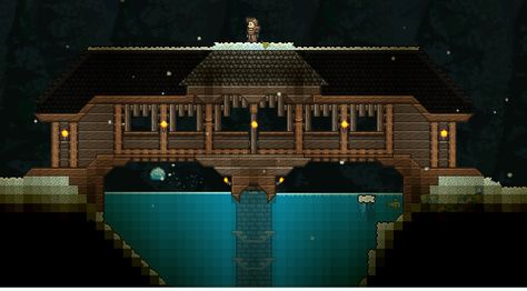 Terraria Bridge Design, Terraria Bridge Ideas, Terraria Bridge, Dessert House Terraria, Terraria Best Builds, Terraria Fishing House, Terraria Statue Build, Terraria Base, Terraria Design