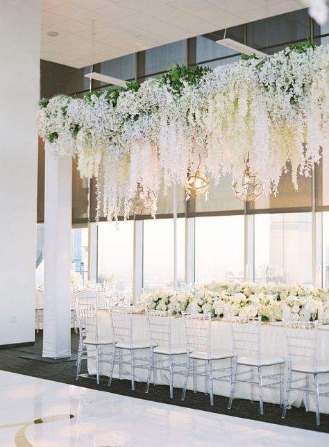 Here’s Proof That Hanging Floral Instillations Make for One Wow Worthy Statement! – Style Me Pretty Hanging Flowers Wedding, Wedding Ceiling Decorations, Wisteria Wedding, Wedding Ceiling, Rustic Wedding Decorations, Wedding Venue Los Angeles, All White Wedding, Rooftop Wedding, Wedding Reception Locations