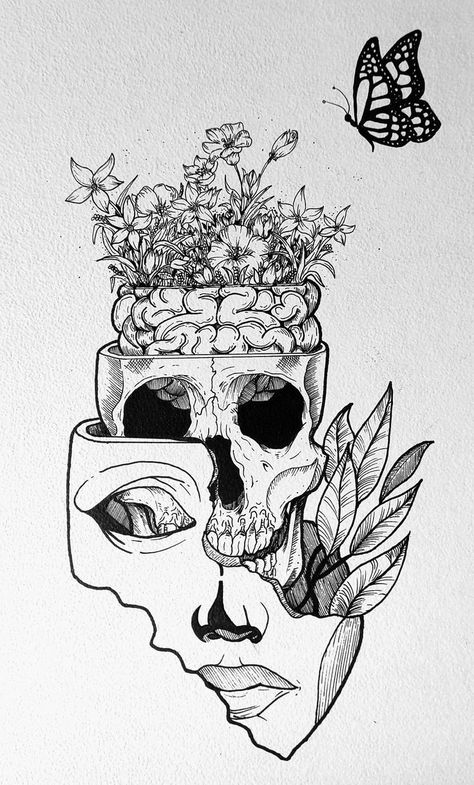 Skull And Face Drawing, Small Realistic Drawings, Pencil Art Drawings Aesthetic Easy Black, Flowers Growing Out Of Skull, Skull Art Drawing Sketches, Pen Art Work Drawings, Skull Drawing Sketches, Pen Art Work, Pen Art Drawings