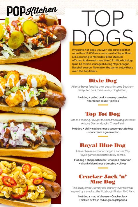 40 Easy Hot Dog Recipes You Have to Try Before Summer's Over #hotdog #hotdogepisodes #gamedayrecipes #bbq https://parade.com/955435/kristamarshall/easy-hot-dog-recipes/ Hot Dog Ideas Creative, Hot Dog Business, Types Of Hot Dogs, Hotdogs Recipes Easy, Gourmet Hotdogs Recipes, Marinated Hot Dogs Recipes, Fancy Hot Dogs, Gourmet Hotdogs, Recipes Using Hot Dogs