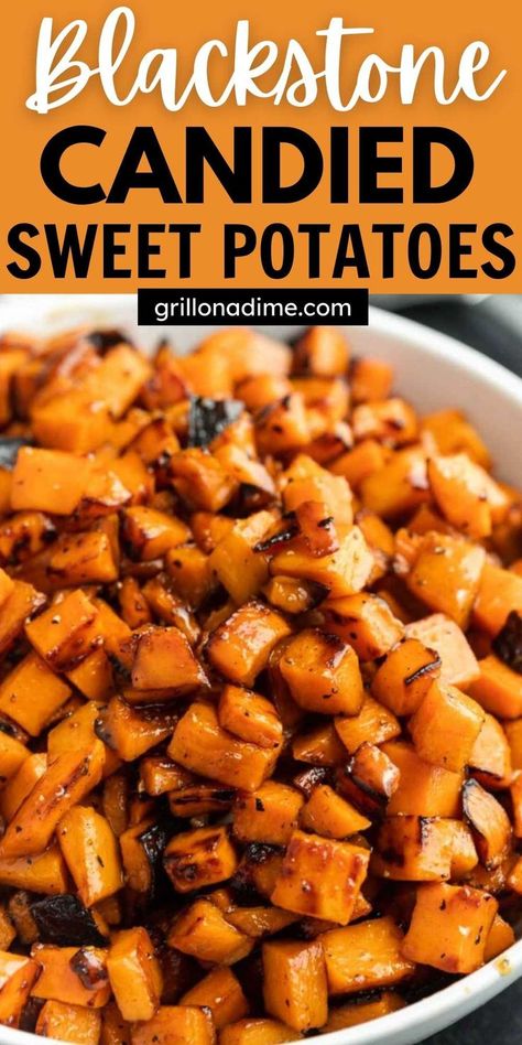 Black Stone Thanksgiving, Black Stone Sweet Potatoes, Sweet Potatoes Blackstone, Sweet Potatoes On The Blackstone, Sweet Potato On Blackstone, Sweet Potato Blackstone, Quick Grilling Recipes, Grill On A Dime, Sweet Potatoes On Blackstone Griddle