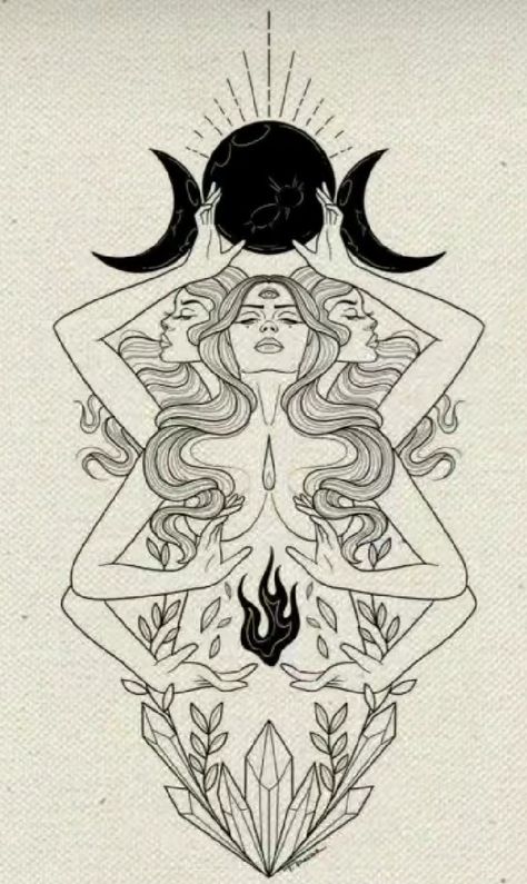 Mother Maiden Crone Tattoo, Hestia Tattoo, Hecate Goddess Tattoo Design, Hecate Drawing, Hekate Tattoo, Hecate Tattoo, Cool Nature Tattoos, Cool Nature, Libra Art