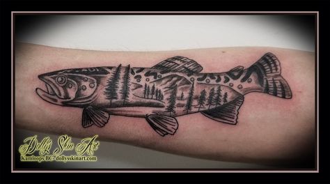 trout tattoo black and grey shading forest trees forearm mountains fish tattoo kamloops tattoo dolly's skin art Trout Mountain Tattoo, Fish Mountain Tattoo, Mens Fish Tattoo, Upper Half Sleeve Tattoos, Trout Tattoo, Fishing Tattoos, Fly Fishing Tattoo, Fishing Tattoo, Camping Tattoo