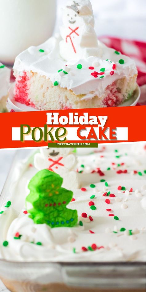 Holiday Jello Poke Cake is an easy semi-homemade Christmas dessert that is easy to make using boxed cake mix and your favorite gelatin and colors, topped with Holiday sprinkles and marshmallow peeps. A great cake to have the kids help decorate. Cake Mix Christmas Desserts, Christmas Poke Cake, Holiday Jello, Homemade Christmas Desserts, Jello Cake Recipes, Jello Poke Cake, Poke Cake Jello, Festive Holiday Desserts, Holiday Desserts Christmas