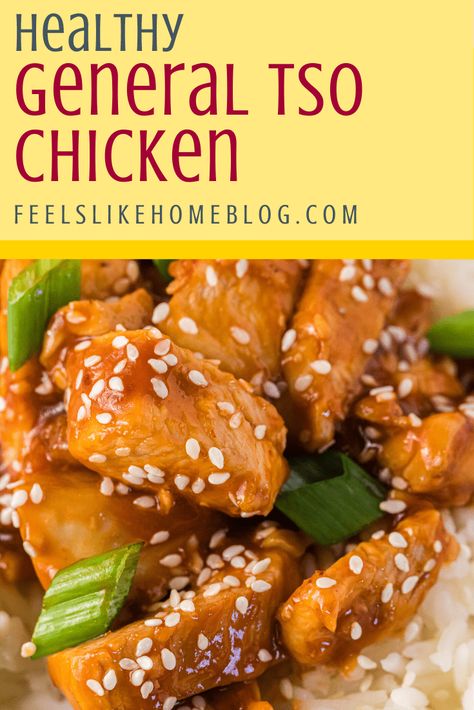 This homemade, simple and easy General Tso chicken recipe is easy to prepare and healthy with no cornstarch or breading. It's the best easy stir fry with spicy flavor. Keto, low carb, and gluten free. Tasty copycat Chinese recipe served with sides of rice and snow peas. Sauteed on the stovetop in a skillet. How to make the best copy cat takeout General Tso's recipe. Quick and simple dinner with ketchup, sambal oelek, and soy glaze. #quickandeasy #30minutemeals #weeknightmeals #quickandeasy #30m Healthy General Tso Chicken, Tso Chicken Recipe, Easy General Tso Chicken, Ww Dinner Recipes, General Tso's Chicken Recipe, Recipe Chicken Breast, Soy Glaze, General Tso's Chicken, Tso Chicken