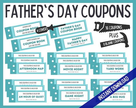 Father's Day Coupons Fathers Day Coupon Book - Etsy Coupon Book For Dad, Printable Coupon Book, Diy Gifts For Dad, Diy Coupons, Diy Father's Day Gifts, Family Fun Games, Gift Printable, Best Dad Gifts, Fathers Day Crafts