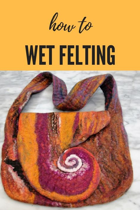 This seamless wet felted spiral bag tutorial is for the more advanced felt maker. Cost is minimal as botany waste wool is used together with washed and carded Shetland wool. Spiral Bag, Wet Felting Tutorial, Felted Bag, Wool Batts, Felt Tote Bag, Felt Tote, Diy Wool, Felted Handbags, Wool Felt Projects