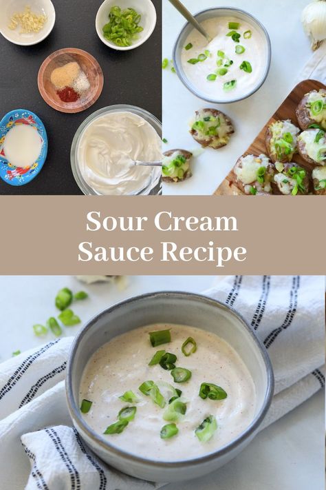 This Sour Cream Sauce is so delicious drizzled over enchiladas, tacos, burritos or dunk potatoes or chicken wings right into this creamy sauce. It's so easy to whip up in just minutes and it adds some serious flavor! Sour Cream Sauce For Burritos, Sour Cream Sauce For Tacos, Green Chili Chicken Soup, Quick Appetizer Recipes, Quick Appetizer, Smash Burgers, Fall Fun Food, Cream Sauce Recipes, Sour Cream Sauce