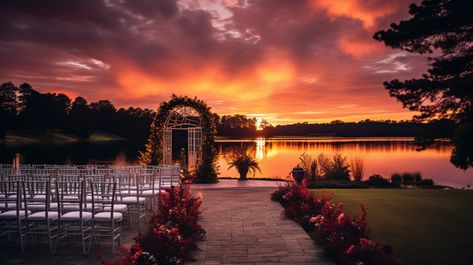 Sunset Wedding Theme, Sunset Wedding Ceremony, Romantic Sunset Wedding, Lake Wedding Photos, Wedding Ceremony Pictures, Sunrise Wedding, Sunset Beach Weddings, Vineyard Wedding Venue, Outdoor Evening