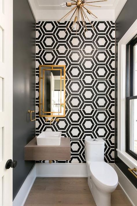 Modern Turquoise Bathroom, Black And Gold Small Bathroom, Powder Room Accent Wall, Powder Room Tile, Bathroom 2023, Wc Decoration, Modern Powder Rooms, Guest Bathroom Design, Tile Accent Wall