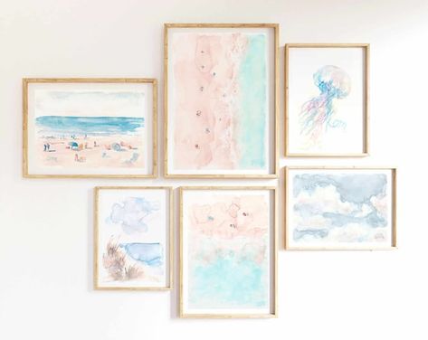 OksanaMDesigns - Etsy Australia Coastal Watercolor, Coastal Nursery, Hawaii Print, Wall Art Ocean, Bleu Pastel, Blue Nursery, Art Ocean, Pink Beach, Rose Pastel