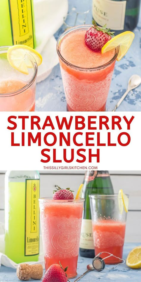 Strawbery Lemoncello Slush Recipe Strawberry Alcohol Drinks, Frozen Summer Cocktails, Strawberry Cocktail Recipe, Limoncello Drinks, Limoncello Cocktail, Slushy Drinks, Limoncello Cocktails, Slush Recipes, Frozen Drink Recipes