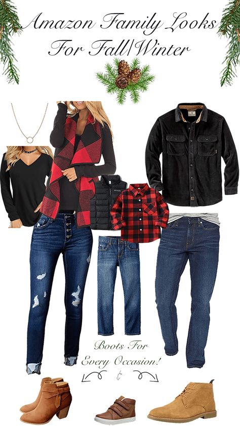 Amazon Family Looks For Fall/Winter - Amazon Family Photo Outfits Christmas, Plaid Family Pictures Outfits Fall, Casual Family Winter Photos, Country Christmas Family Photo Outfits, Winter Outfits For Pictures Family, Winter Family Photography Outfits, Womens Christmas Photo Outfits, Christmas Family Photo Outfit Ideas, Casual Winter Family Photoshoot Outfits