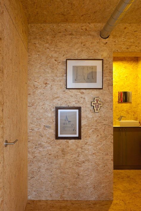 Interior clad in chipboard with view of washstand through open doorway Chipboard Interior, Open Doorway, Interior Design Images, Cabin, Interior Design, High Quality, Wall, Design