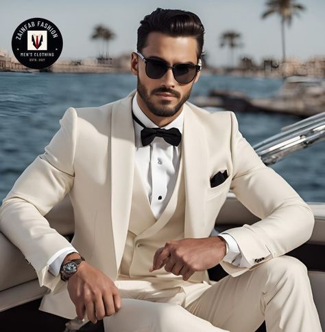 Cream Suits For Men, Trending Suits, Tan Tuxedo, Men's Tuxedo Wedding, Groom Tuxedo Wedding, Groom Suspenders, Designer Tuxedo, Ivory Suit, Suit Groom