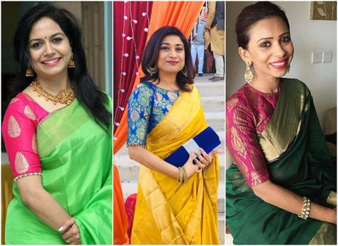 Mix and Match your Blouse with Sarees | Contrast Blouse Designs Contrast Blouse Designs, Sarees Contrast Blouse, How To Prune Basil, Prune Basil, Print Blouse Design, Brocade Blouse Designs, Saree Jacket Designs, Banarasi Brocade, Linen Embroidery