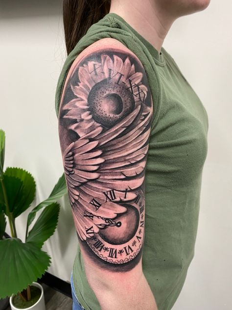 Sunflower Tattoo With Date, Sunflower Memorial Tattoo Grandma, Sunflower And Clock Tattoo, Birth Clock Tattoos For Women, Roses And Sunflowers Tattoo Half Sleeves, Sunflower Pocket Watch Tattoo, Poppy Tattoo Sleeve, Grandma Tattoos, Memorial Tattoo Quotes