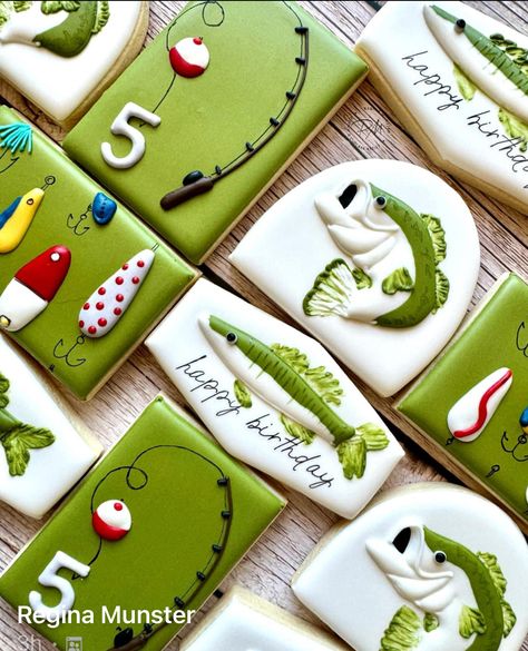 Bass Fishing Cookies, Fishing Themed Cookies, Fishing Cookies Decorated, Fish Hook Cookies Decorated, Fishing Theme Cookies Decorated, Fish Cookies Decorated, Fishing Vest Cookies Decorated, Fishing Cookies, Fish Cookies