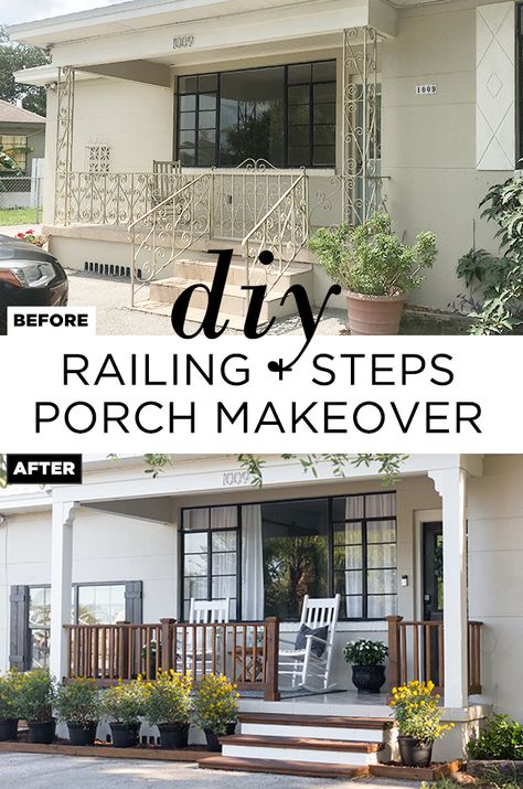 Update Porch Railing, Front Porch Railing Makeover, Adding Railing To Front Porch, Step Railing Ideas Outdoor, Concrete Porch Railing Ideas, Porch Step Railing Ideas, Wood Front Porch Railing, Builder Grade Front Porch Makeover, Porch Railings Ideas