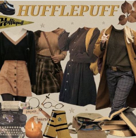 Hufflepuff Academia Outfit, Diy Hufflepuff Costume, Dark Forest Outfit, Harry Potter Outfit Ideas Hufflepuff, Harry Potter Inspired Outfits Hufflepuff, Hufflepuff Outfit Ideas, House Dark Academia, Hufflepuff Aesthetic Outfits, Hufflepuff Inspired Outfits