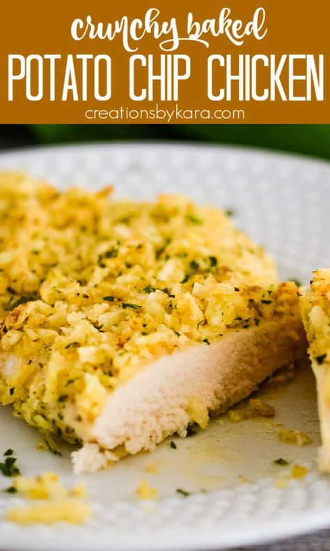 This easy crunchy Potato Chip Chicken makes a tasty meal the whole family will love. It tastes like fried chicken, but you can skip the mess of frying. #potatochipchicken #potatochipcrustedchicken #potatochipfriedchicken -Creations by Kara Chip Chicken, Potato Chip Chicken, Crispy Baked Potatoes, Baked Potato Chips, Crunchy Potatoes, Crushed Potatoes, Weekday Meals, Potato Chip, Deep Fryer