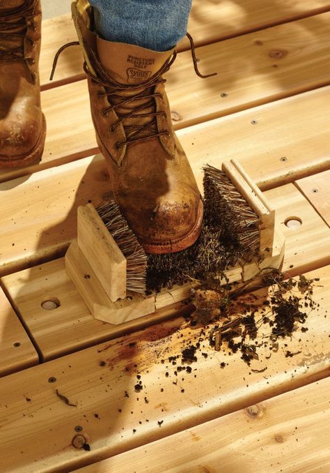 Keep your floors (somewhat) cleaner with this DIY boot brush - Cottage Life Boot Holder Diy Mud Rooms, Shoe Brush Outdoor Diy, Boot Scraper Brush Outdoor, Muddy Boot Storage Ideas, Diy Boot Brush, Diy Boot Scraper, Boot Remover Wooden Diy, Boot Holder Diy, Horse Storage