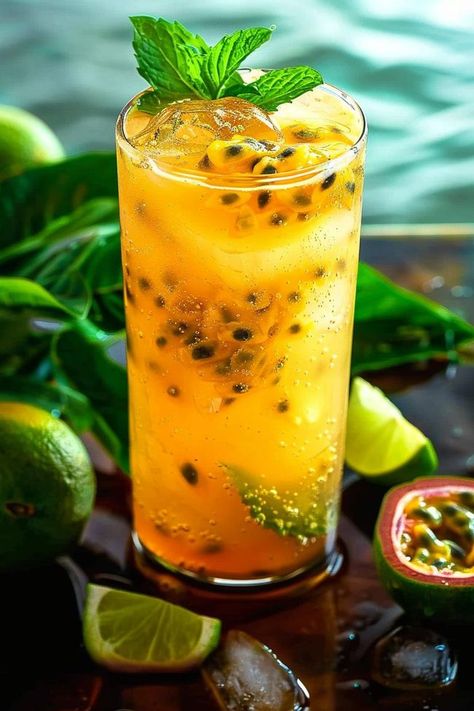 Passion Fruit Soda, Lime Mocktails, Cuban Drinks, Cuban Cocktails, Passion Fruit Mojito, Summer Mocktails, Mojito Recipe, Rum Cocktails, Delicious Drink Recipes