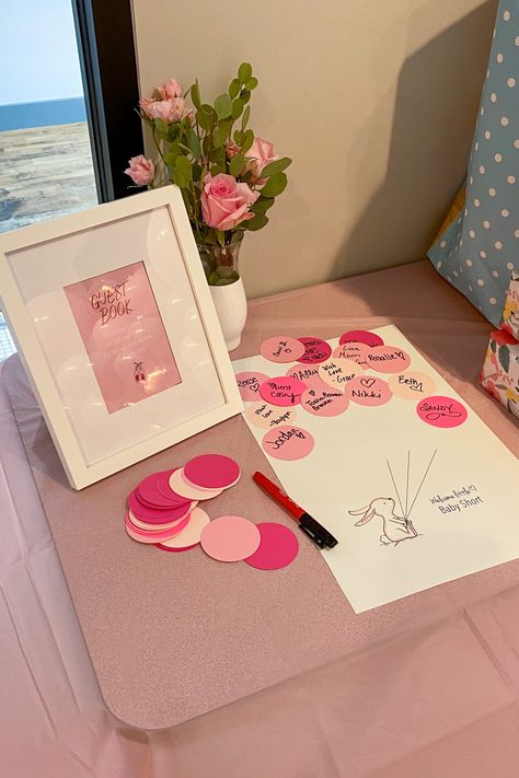 Shades of pink guest book idea for a baby shower Babyshower Decoration Ideas Girl, Babyshower Ideas For Girl, White And Pink Baby Shower Ideas, Pink Theme Baby Shower Ideas, Baby Pink Party Decorations, Pink Themed Baby Shower Ideas, Girl Baby Shower Ideas Spring, Baby Shower Inspo Girl