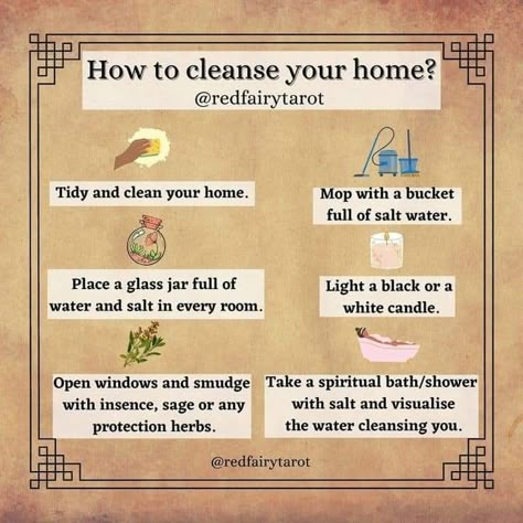 House Cleaning Magick, Cleansing Methods Witchcraft, House Cleansing Ritual Protection Spells, House Cleaning Witchcraft, House Cleaning Tips Witch, Witchcraft Cleaning House, Witch Cleansing Ritual, Cleaning Ritual Witch, Witchy Tips For New Home