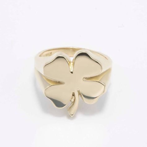 10K Yellow Gold Shiny Four-Leaf Clover Signet Ring * Metal : Real 10K Gold (Properly Stamped, 10K) * Condition : Brand New * Finish : Polished * Average Weight : 4.99 grams * Size : 8 * Width : 17.5mm x 16.5mm = Just under 3/4" x 5/8" * Clasp/Bail : Can be resized down or up at your local jeweler. All of our items are brand new and are shipped with a gift box. Wax Carved Ring, Clover Ring, Wax Carving, Average Weight, Four Leaves, Funky Jewelry, Four Leaf, Jewelry Business, Dream Jewelry