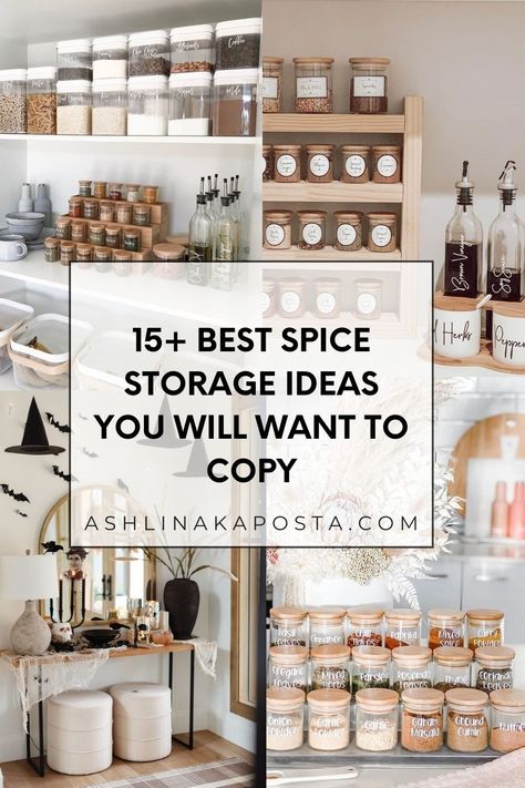 15+ Best Spice Storage Ideas You Will Want to Recreate In Your Kitchen — ASHLINA KAPOSTA Spices On Open Shelves, Unique Spice Storage, Herb And Spice Storage Ideas, Spice Storage Ideas For Kitchen, How To Store Spices, How To Organize Spices In Cabinet, How To Organize Spices, Organize Spices In Cabinet, Spice Storage Ideas Inside Cabinets