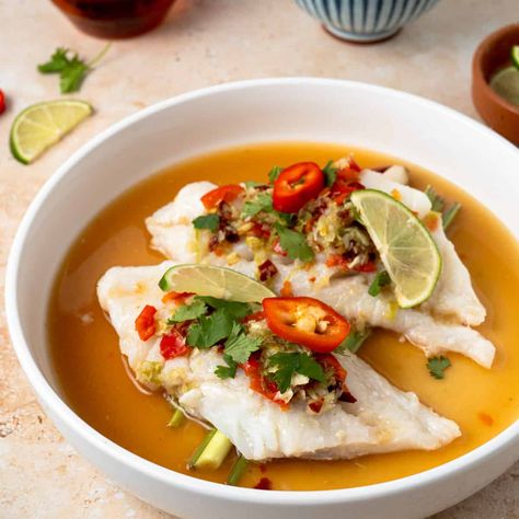 Thai Steamed Fish Recipe - Fitsian Food Life Chinese Fish Recipes, Asian Fish Recipes Thai Style, Steamed Fish And Vegetables, Chinese Fish Recipe, Asian Steamed Fish, Thai Lime And Garlic Steamed Fish, Thai Steamed Fish With Lime, Basa Fish Recipes, Steamed Fish Chinese Style