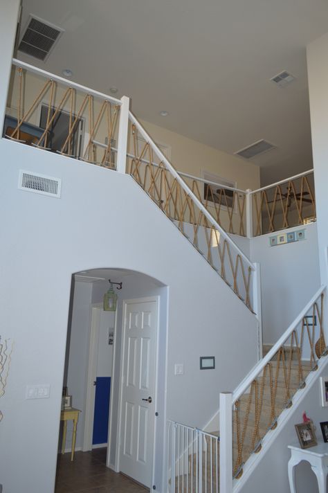 Full view of our nautical stairway we designed and built. Nautical Staircase Ideas, Staircase Ideas, Stair Railing Design, Stair Case, Case Ideas, Railing Design, House Projects, Roof Terrace, Tiny House Plans