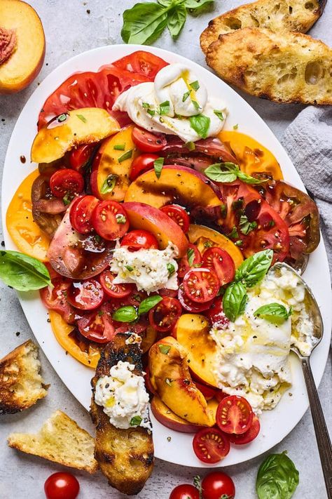 Tomato Peach Burrata Salad - Two Peas & Their Pod Peach Burrata Salad, Peach Caprese Salad, Peach Burrata, Peach Caprese, Stone Fruit Salad, Burrata Recipe, Salad With Balsamic Dressing, Caprese Salad Recipe, Burrata Salad