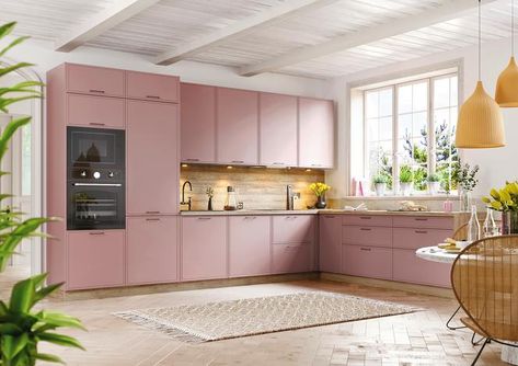 Black Kitchen Appliances, Kitchens 2023, Pink Kitchen Cabinets, Blush House, Pink Kitchen Ideas, Pink Kitchens, Contemporary Victorian, Open Concept Kitchen And Living Room, Room Store