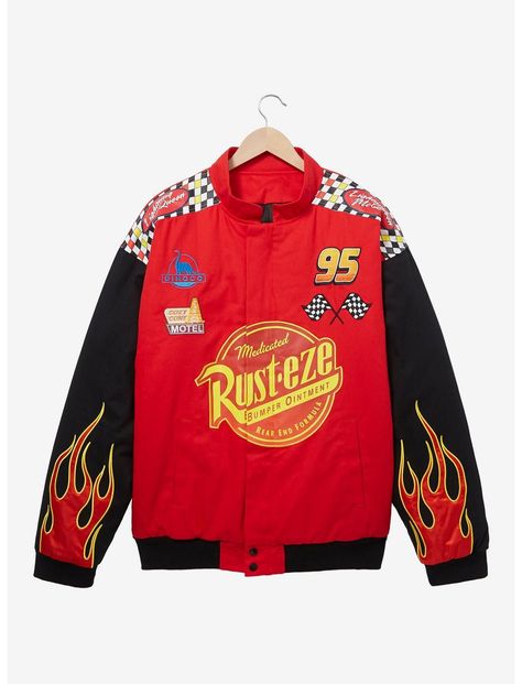 Disney Pixar Cars Lightning McQueen Racing Jacket - BoxLunch Exclusive | BoxLunch Lighting Mcqueen Jacket, Lightning Mcqueen Jacket, Atheistic Outfits, Lightning Mcqueen Outfit, Lightning Mcqueen Racing, Lightning Mcqueen Costume, Mcqueen Outfit, Black Panther Helmet, Y2k Tees