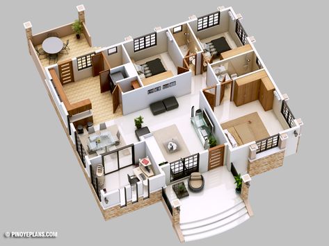 Three Bedroom Bungalow House Plan (shd-2017032) Bungalow House Floor Plans, Three Bedroom House Plan, Modern House Floor Plans, Bungalow Floor Plans, 3d House Plans, Modern Bungalow House, Three Bedroom House, Home Design Floor Plans, 3d House