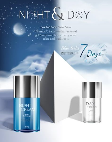 Night Cream Photography, Skin Care Design Ideas, Beauty Ads Design, Hand Photoshoot, Dark Sky Background, Day And Night Skincare, Skin Care Ads, Products Advertisement, Cosmetics Ads