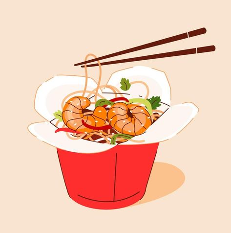 Wok noodles with shrimp. A dish of Asian cuisine. vector illustration. Wok Illustration, Wok Noodles, Noodles With Shrimp, Illustration Advertisement, Vector Character Design, Dope Art, Vector Character, Noodles, Vector Illustration