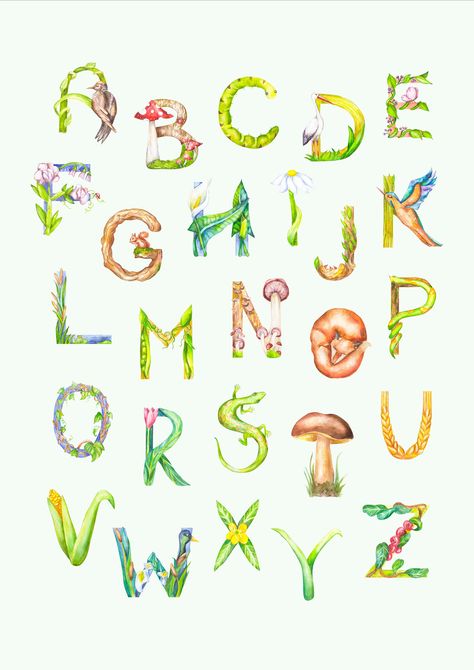 Alphabet poster for children, educational and decorative poster to learn the alphabet, nursery prints , abc print, alphabet print Watercolor Alphabet, Print Alphabet, Woodland Watercolor, Abc Print, Learn The Alphabet, Alphabet Nursery, Alphabet Poster, Learning The Alphabet, Alphabet Print