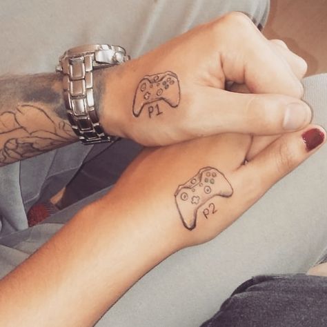 Video Game Couple Tattoos, Gamer Matching Tattoos, Matching Gamer Tattoos, Matching Video Game Tattoos, Xbox Tattoo Ideas, Gamer Couple Tattoos, Player 1 Player 2 Tattoo, Controller Tattoo, Xbox Tattoo