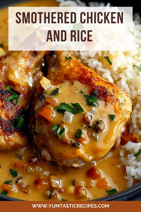 This Smothered Chicken and Rice is the perfect one-pan recipe for busy nights. Savory chicken, a creamy sauce, and perfectly cooked rice come together for a satisfying, stress-free meal. Try this easy recipe now!

#OnePanMeals #ChickenRecipes #ComfortFoodLove #EasyFamilyMeals #DinnerPerfection Best Chicken Rice Recipe, Chicken And Sauce Over Rice, Dutch Oven Chicken And Rice Recipes, Easy Chicken Supper Ideas, Baked Chicken Legs And Rice Recipes, Easy One Pot Chicken And Rice, Soul Food Baked Chicken, Chicken And Rice In The Oven, Chicken And Rice Dutch Oven Recipes