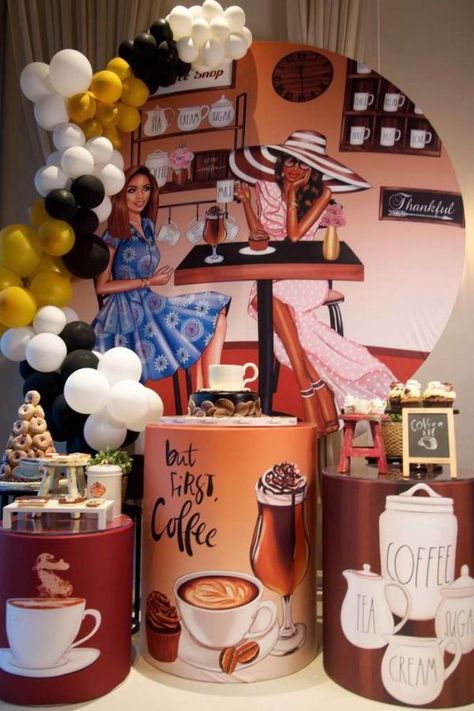 Take a look at this wonderful coffee themed birthday party! The dessert table is so cool! See more party ideas and share yours at CatchMyParty.com    #catchmyparty #partyideas #coffee #coffeeparty #girlbirthdayparty Coffee Birthday Ideas, Coffee Themed Birthday Party, Coffee Party Ideas, Coffee Themed Birthday, Bar Themed Party, Coffee Birthday Party, Coffee Themed Party, Kid Friendly Party, Coffee Birthday