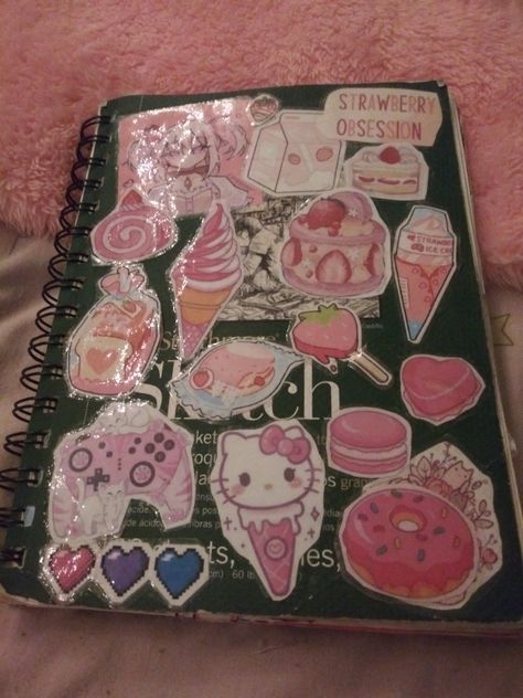 Sketchbook Tour Tease?! XD #sketch #sketchbook #anime #kawaii #art #pink #strawberry #stickers #redbubble @erushi_rose Decorating Sketchbook Cover, Cute Sketchbook, Strawberry Stickers, Alt Drawing, Cute Sketchbooks, Pink Notebook, Sketchbook Inspo, Sketchbook Tour, Notebook Cover Design