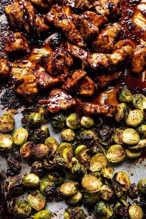 Crispy Brussels Sprouts, Half Baked Harvest Recipes, Easy Sheet Pan Dinners, Sticky Chicken, Sheet Pan Dinners Recipes, Recipe Sheets, Harvest Recipes, Sesame Chicken, Half Baked