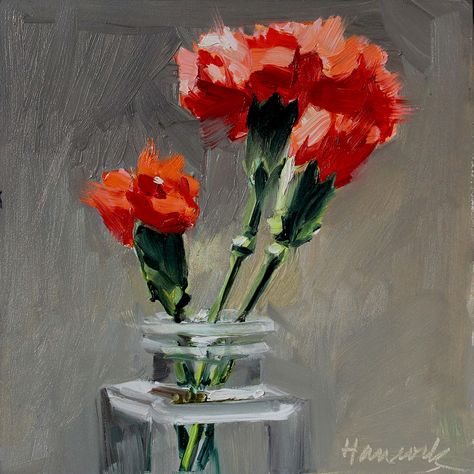 Painting Carnations, Painting Carnations Flower, Red Carnation Drawing, Red Carnation Painting, Pink Carnation Painting, Square Glass Jars, Square Jars, Red Carnation, Flower Painting Canvas