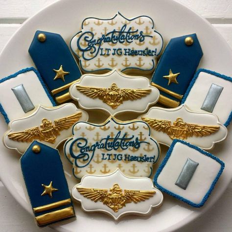 Navy Wetting Down Party, Navy Promotion Party, Navy Retirement Cookies, Us Navy Cookies Decorated, Navy Cookies Decorated, Air Force Cookies, Aviation Graduation, Navy Cookies, Police Cookies